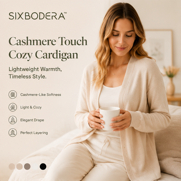 SIXBODERA™ Women's Cashmere Touch Cardigan - Lightweight Soft Knit Sweater, Elegant Open Front Lounge Wear, Minimalist Cozy Layering Jacket