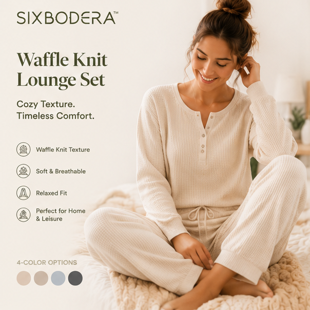 SIXBODERA™ Women's Waffle Knit Lounge Set - Textured Soft Two Piece Homewear Outfit, Cozy Casual Matching Set, Modern Minimalist Clothing