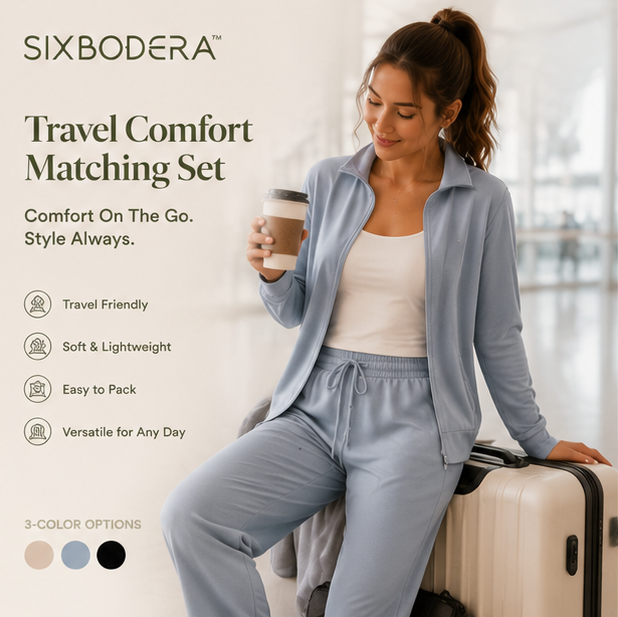 SIXBODERA™ Women's Travel Lounge Set - Soft Casual Two Piece Outfit, Airport Clothing, Comfortable Minimalist Homewear & Everyday Matching Set