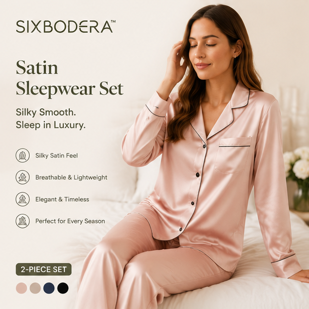 SIXBODERA™ Women's Satin Pajama Set - Luxury Silk Feel Sleepwear, Elegant Two Piece Nightwear Outfit, Soft Comfortable Home Lounge Clothing
