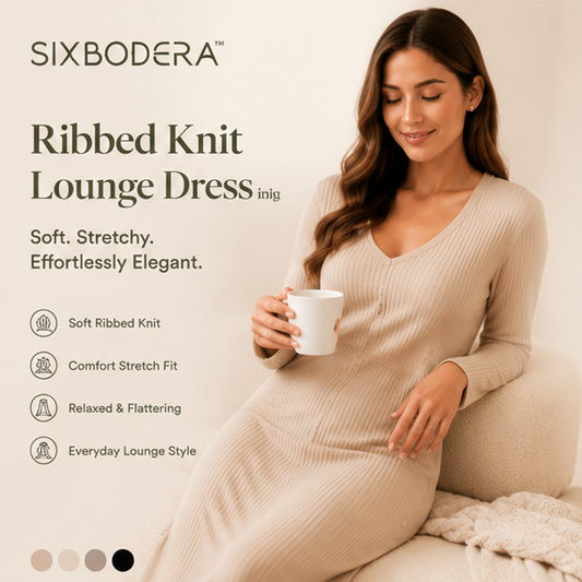 SIXBODERA™ Women's Ribbed Knit Lounge Dress - Minimalist Casual Maxi Dress, Soft Stretch Homewear Outfit, Elegant Everyday Comfort Clothing