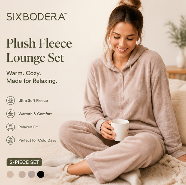 SIXBODERA™ Women's Plush Fleece Lounge Set - Warm Cozy Two Piece Sweat Suit, Soft Winter Homewear Outfit, Relaxed Casual Comfort Clothing