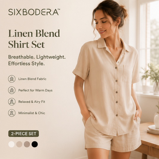 SIXBODERA™ Women's Linen Blend Lounge Set - Breathable Casual Two Piece Outfit, Minimalist Resort Style Homewear, Elegant Everyday Clothing