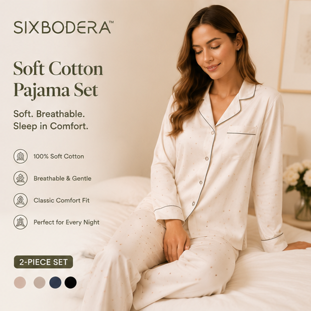 SIXBODERA™ Women's Soft Cotton Pajama Set - Premium Breathable Sleepwear, Comfortable Lounge Outfit, Classic Casual Home Clothing for Women