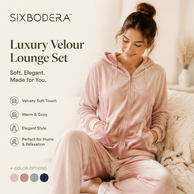 SIXBODERA™ Women's Luxury Velour Lounge Set - Premium Velvet Touch Tracksuit, Elegant Cozy Matching Outfit, Soft Casual Homewear Clothing
